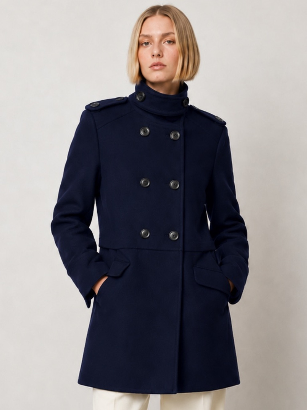 Massimo Dutti Navy Double-Breasted Wool Coat